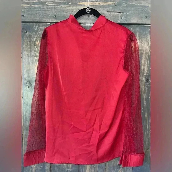 Elegant Red Bow Tie Blouse with Polka Dot Mesh Sleeve Romantic Statement Top A67 - Picture 8 of 8
